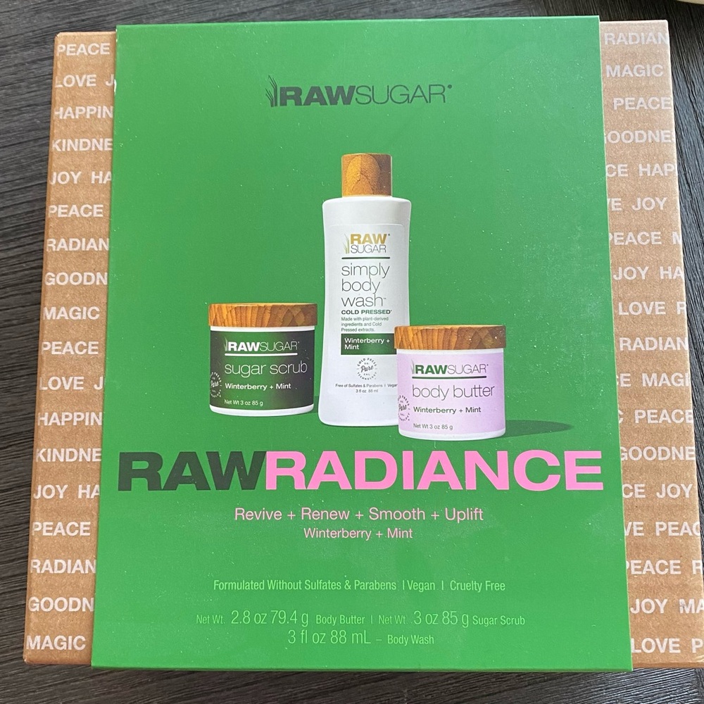 Raw Sugar body wash, sugar scrub and body butter, new